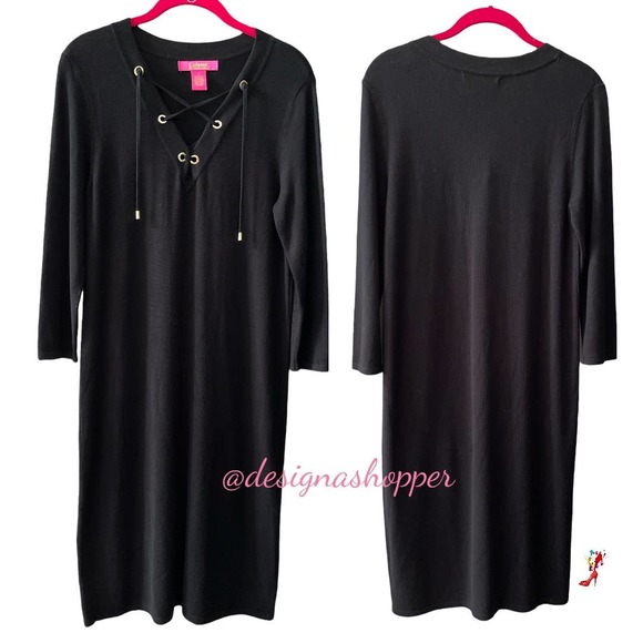 Sweater Dress Black Classy Gold Lace Up Tie front Upscale Catherine Malandrino - Picture 3 of 6